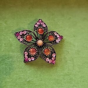 Vtg Style Flower Brooch pink & orange rhinestones set in a copper-toned filigree